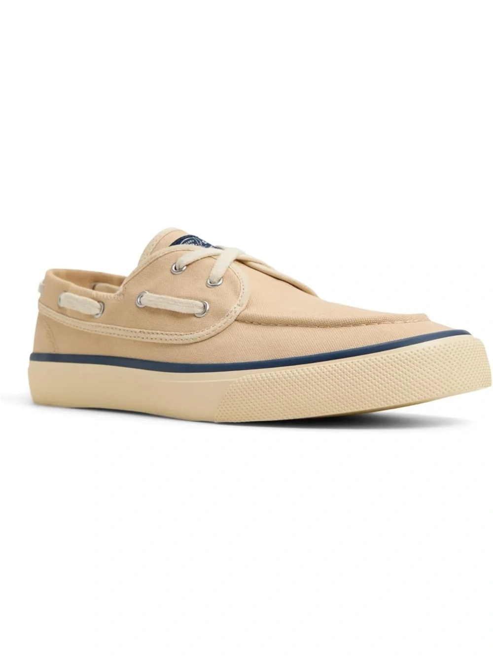Sperry Beige Canvas Boat Shoe with Navy Stripe